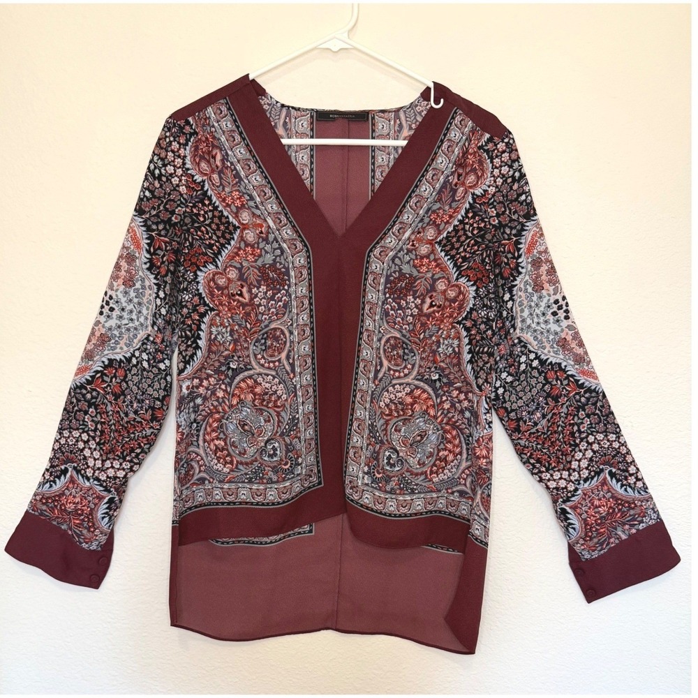 BCBG Max Azria Blouse Medium Paisley Floral Boho V Neck Long Sleeve Burgundy